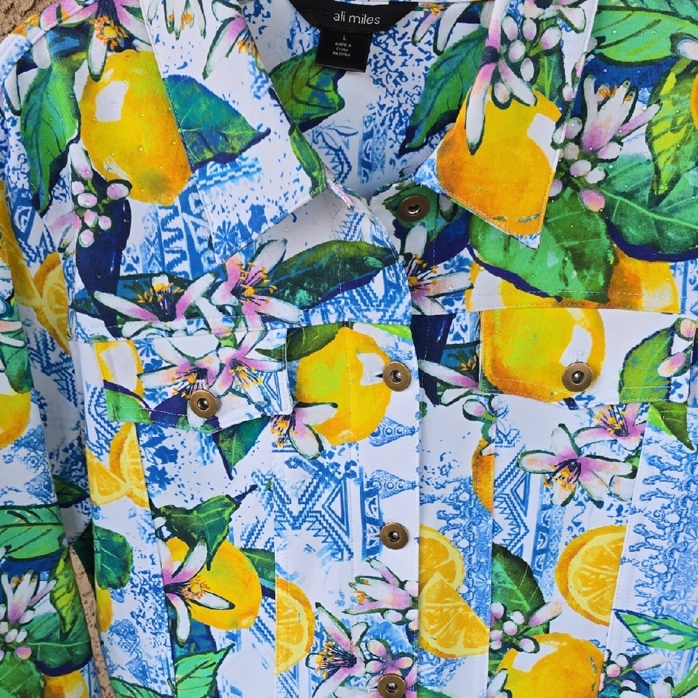 Ali Miles Lemon Floral Print Women's Shirt Jacket Size Large Yellow Blue White - Picture 7 of 16